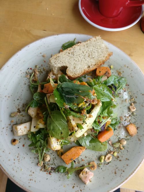 vegan salad with focaccia at Mountain Cafe in Aviemore