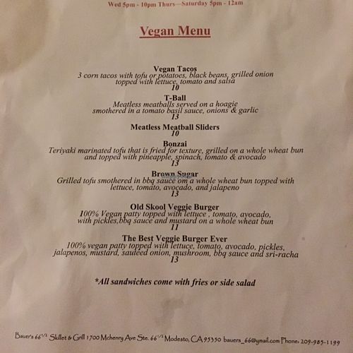 They actually have a separate vegan menu (3/23/16) at Bauer's in Modesto