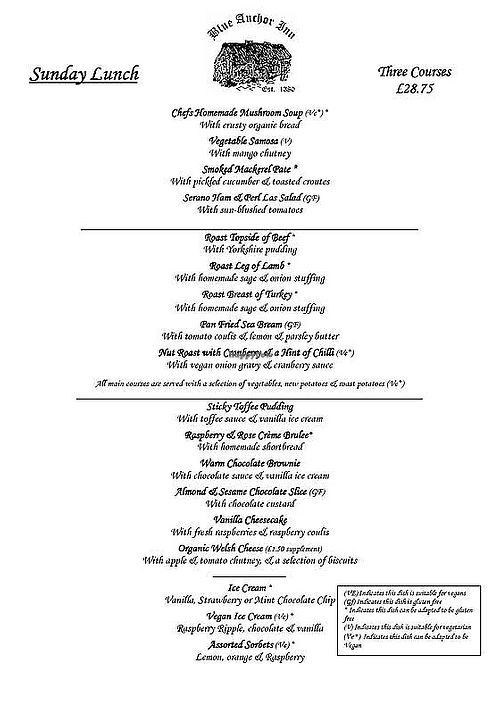 Sunday Lunch Menu at Blue Anchor Inn in Barry