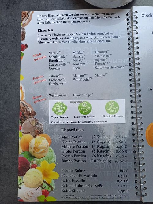 Menu with vegan options marked with "V" at Eisbar Fruchthalle Rastatt in Rastatt