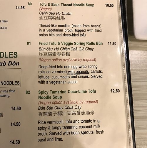 menu at Taste of Saigon in Calgary