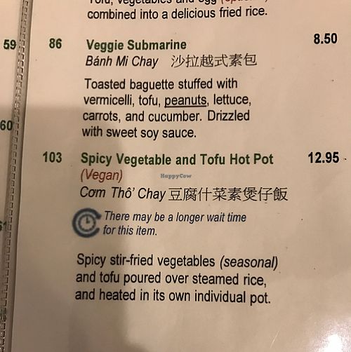 menu at Taste of Saigon in Calgary