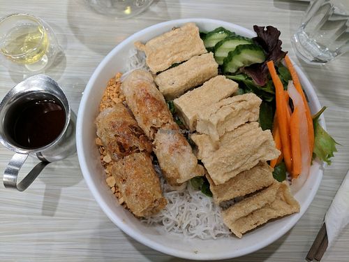 Fried tofu and vegan veggie spring rolls bun with imitation (vegan) 'fish' sauce at Taste of Saigon in Calgary