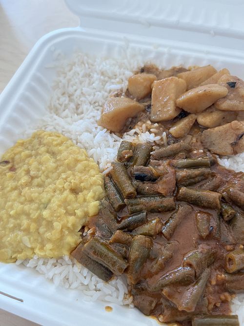 three vegan curries, rice and papadum for under $10! yum  at Kothu Rotti in Ottawa