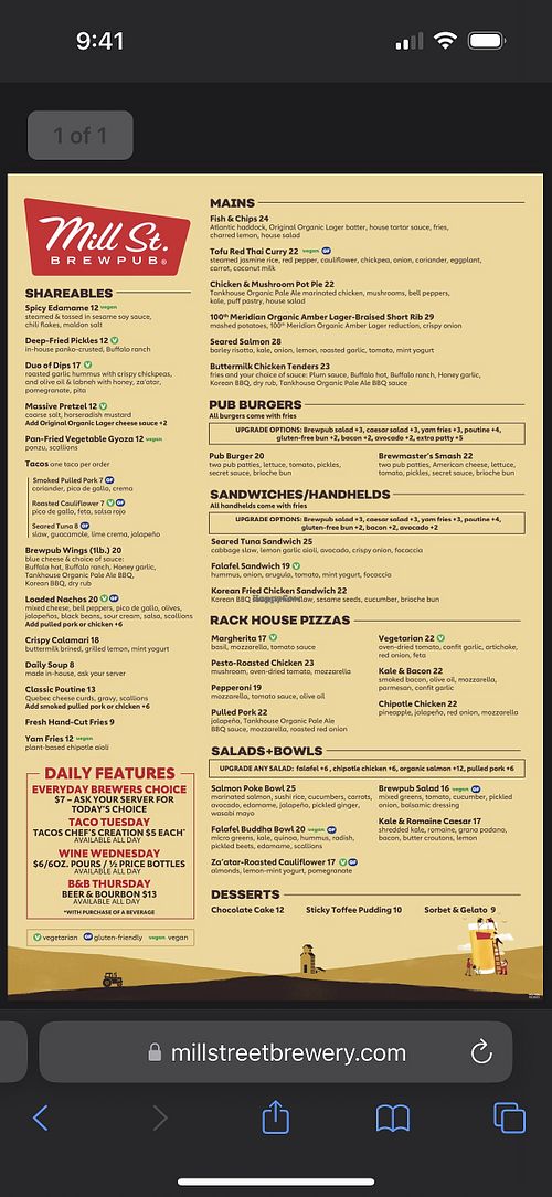 Menu: vegan options clearly labelled  at Mill Street Brewery in Toronto