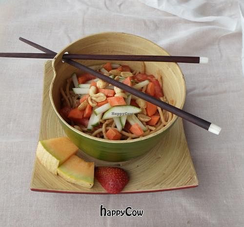 fresh chopped veggies over sobo noodles in a zippy ginger peanut sauce makes for a YUMMY lunch! at Yum Fresh Local Cafe in Salisbury