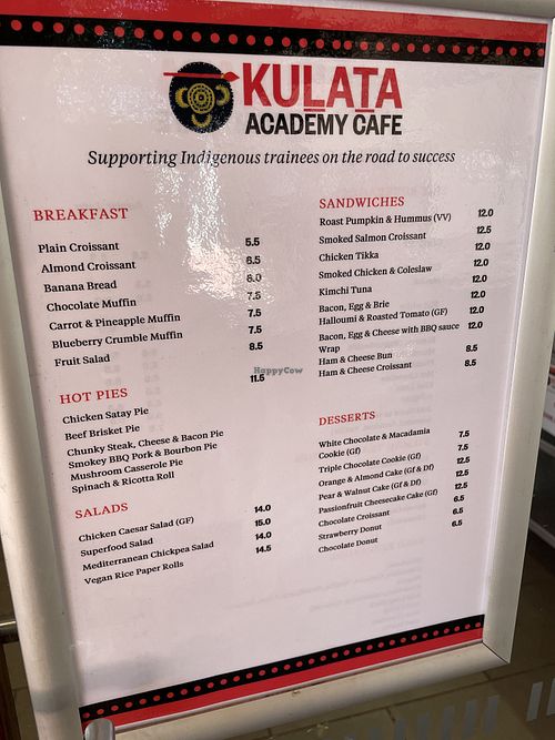 Menu from March 2025  at Kulata Academy Cafe in Yulara