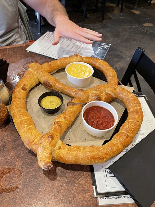 Giant pretzel with marinara and mustard.  at Edge Of The World Brewery in Colorado City