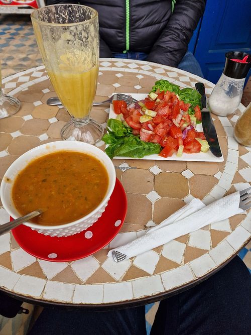 Moroccon soup and salad at Shyadma's Vegan Food in Essaouira