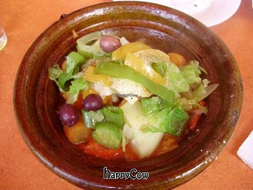 Tagine with preserved lemons and olives at Shyadma's Vegan Food in Essaouira