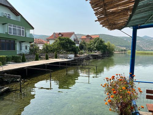View of Lake Ohrid from outdoor seating area  at Restorant Leza in Lin