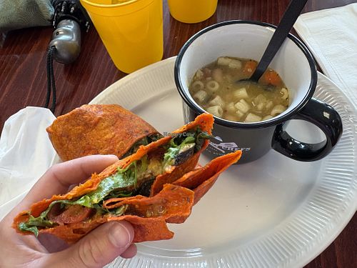 Vegan squash and mushroom wrap with minestrone soup  at The Salty Chef's in Buffalo
