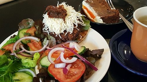 burger and cake at The Gallery Cafe in East London