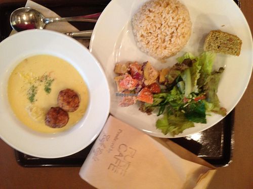 Sweetcorn soup and daily special at Pure Cafe in Tokyo