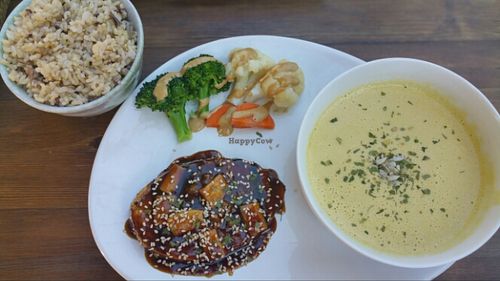 Grilled 'chicken' teriyaki with veggies, 5 grain rice and corn chowder. Delicious!  at VegiOasis in Huntington Beach