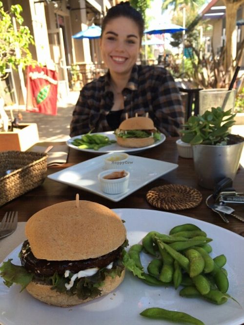 Teriyaki burger with edamame at VegiOasis in Huntington Beach