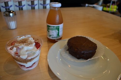 strawberry cheesecake in a cup and moon cake. i recommend the strawberry cheesecake at Timeless Coffee Roasters and Bakery in Oakland
