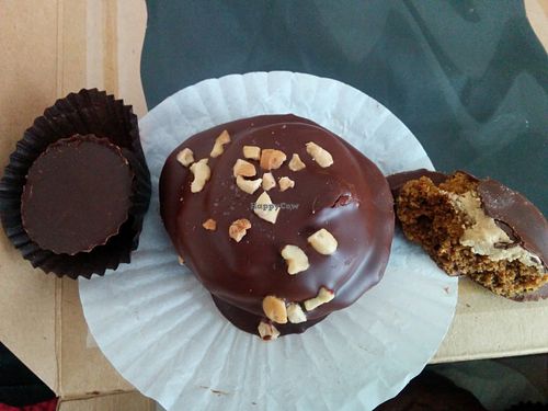 Dark Chocolate & its BFF, best friend forever, peanut butter, combined for chocolate peanut butter cups, mini & full sizes.  at Timeless Coffee Roasters and Bakery in Oakland