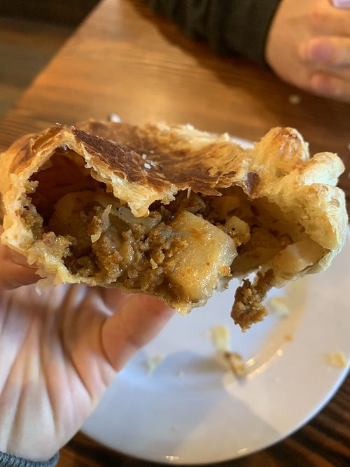Inside the sausage potato empanada.   at Timeless Coffee Roasters and Bakery in Oakland