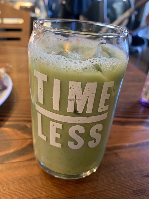 Ice soy matcha latte…pretty good but not sweetened…so ask for that if you prefer it.   at Timeless Coffee Roasters and Bakery in Oakland