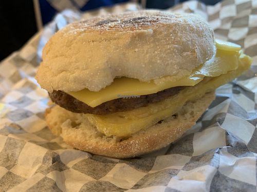 Breakfast sandwich with impossible sausage and Just egg.  at Timeless Coffee Roasters and Bakery in Oakland