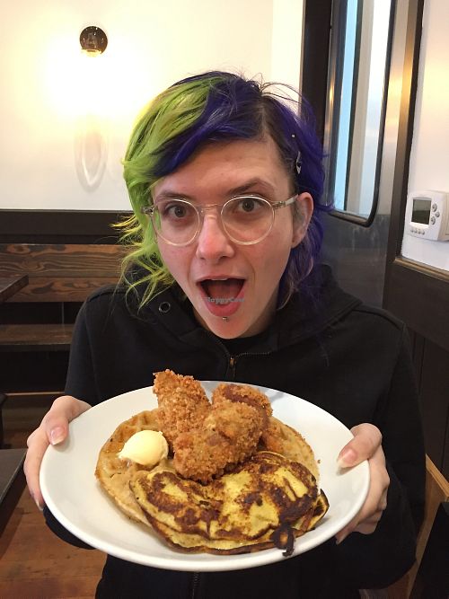 sunday brunch, chicken, waffles, cheese omelette  at Timeless Coffee Roasters and Bakery in Oakland