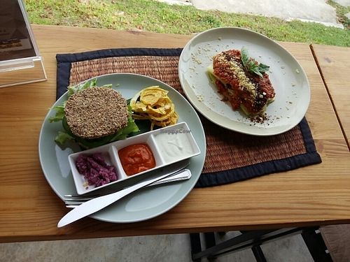 burger and lasagna at Atsumi Raw Cafe in Phuket