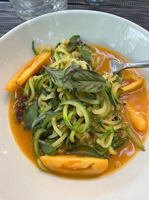 Spaghetti of courgettes with camarelised tomato sauce at Les Sains Bonheurs in Saint-bauzille-de-putois