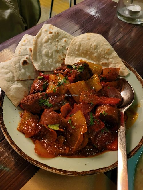 Spetsofai with beyond meat sausage at Los V in Athens