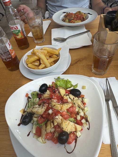 Greek salad (no feta added artichokes) and vegetable pasta  at Restaurant Mizarola in Hvar