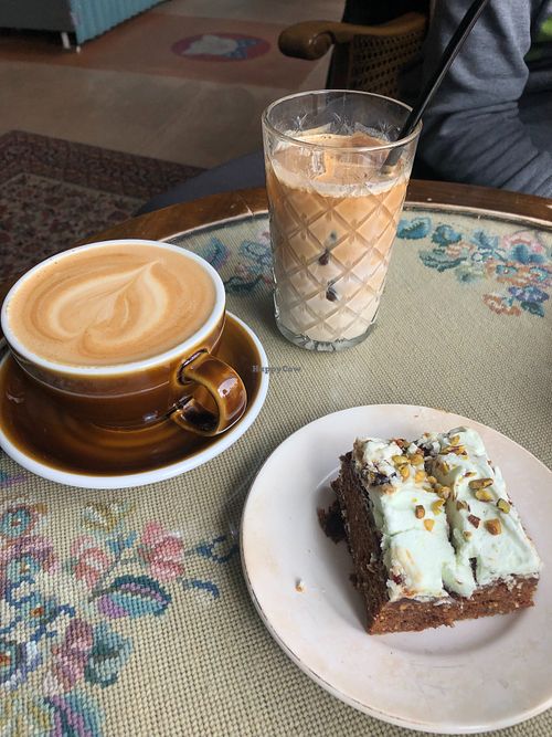 Vegan carrot cake and drinks at Cafe Sjávarborg in Stykkisholmur