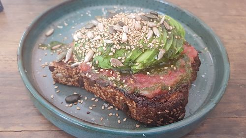 Avocado on toast with basil oil at Batx in Mallorca