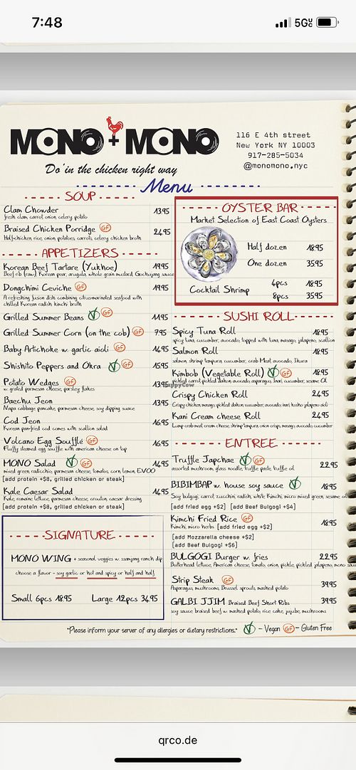 Menú  at Mono + Mono in New York City