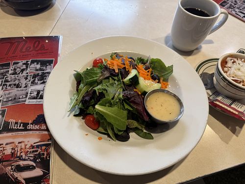 Vegan chili and salad, black coffee.   at Mel's Drive-In - 4th & Mission in San Francisco