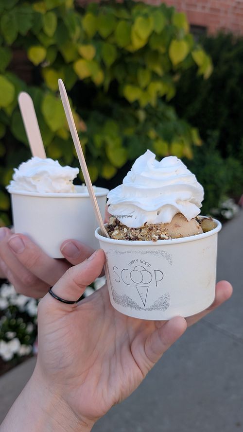 Their peanut butter crunch sundae and fruity sundae at Scoop Ice Cream in Elora