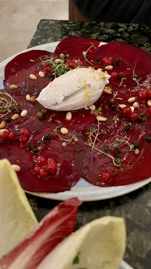 Beetroot carpaccio with vegan chevre  at Kirsikka in Helsinki