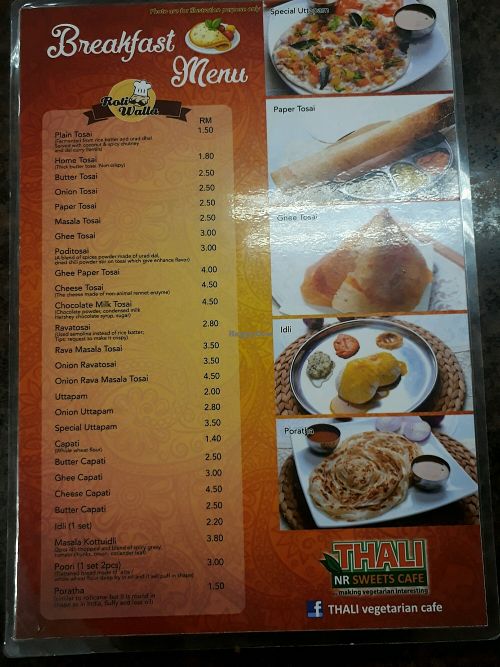 Breakfast Menu at Thali NR Sweets Cafe in Penang