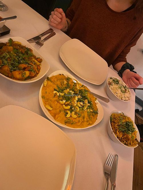 Vegetable bhuna, vegetable kathal, mushroom rice and garlic rice at Red Indigo in Hay-on-wye