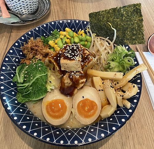 vegan ramen option with added egg  at Ramen Brothers in Den Bosch