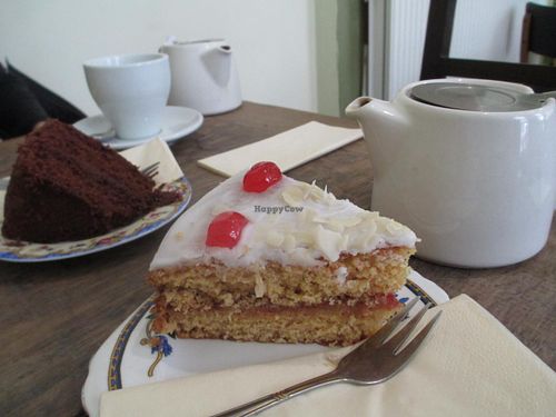 Chocolate layer cake and 'Bakewell' cake at The Green Rocket Cafe in Bath