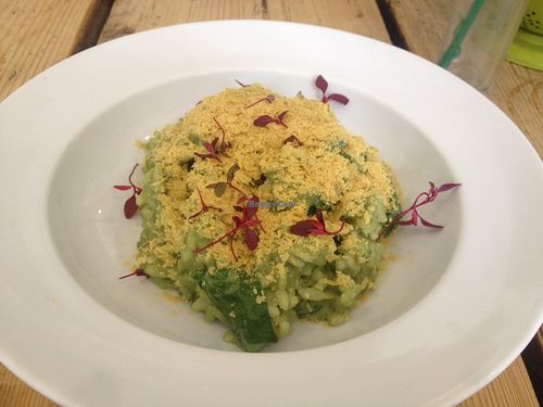 Spinach & Sorrell Risotto with lashings of yeast flakes at The Green Rocket Cafe in Bath