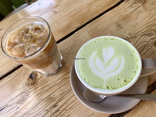 Matcha latte and iced latte at The Green Rocket Cafe in Bath