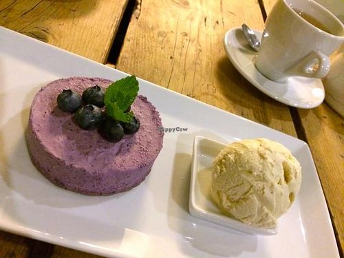 Blueberry Cheesecake with Vanilla Ice-cream  at The Green Rocket Cafe in Bath