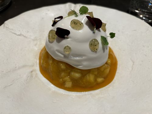 Dessert made of mango, passion fruit and a coconut mousse  at Bulle Restaurant in Lyon