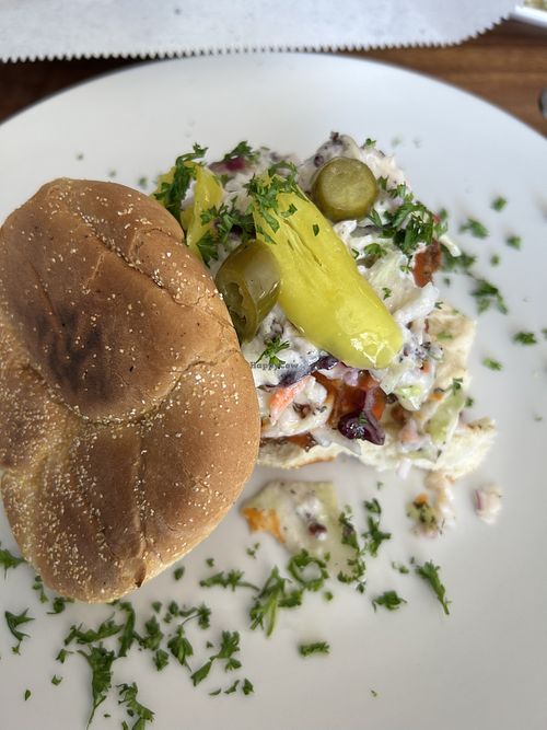 Buffalo chickpea sandwich with vegan slaw. jalapeno and banana peppers  at Squires Corner Kitchen in Lexington