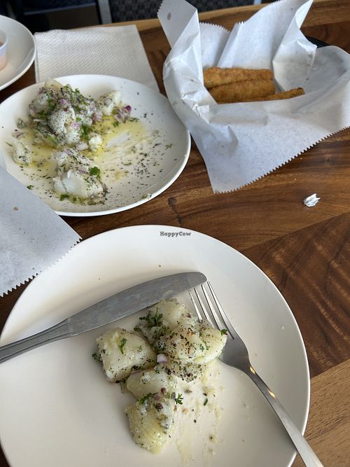 vegan potato salad and fried pickle spears  at Squires Corner Kitchen in Lexington