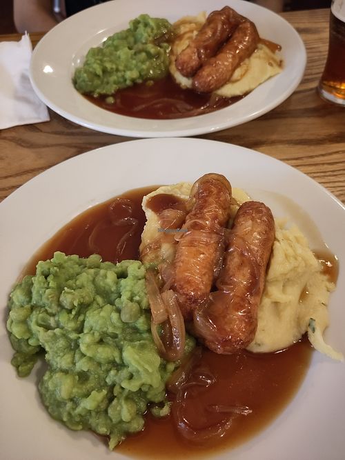 Sausage, mash and mushy peas. at The Old Nags Head in Edale