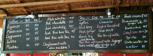 drinks menu at Om Garden Cafe in Pai