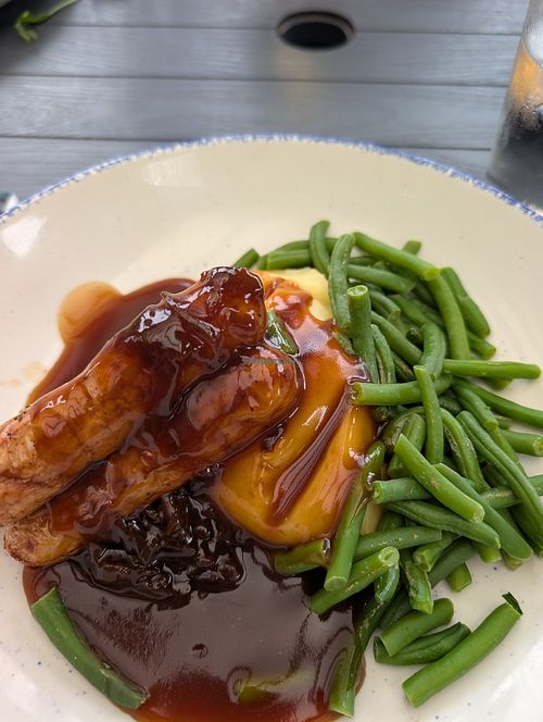 Vegan sausage and mash, onion gravy at Poachers in Wrexham