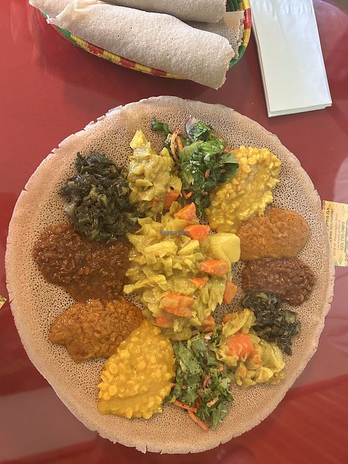 vegan sampler platter! AMAZING!!  at Lucy Ethiopian Restaurant  in Los Angeles